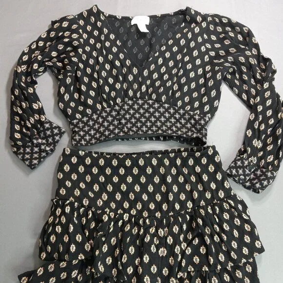 Jopaa Black & White Boho Smocked Crop Top & Tiered Mini Skirt Size M - Picture 1 of 12